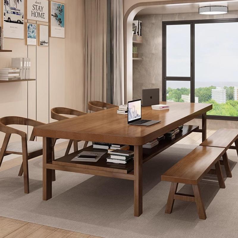北欧实木长方形会议桌图书馆阅读室读原木多人书桌办公室办公桌椅