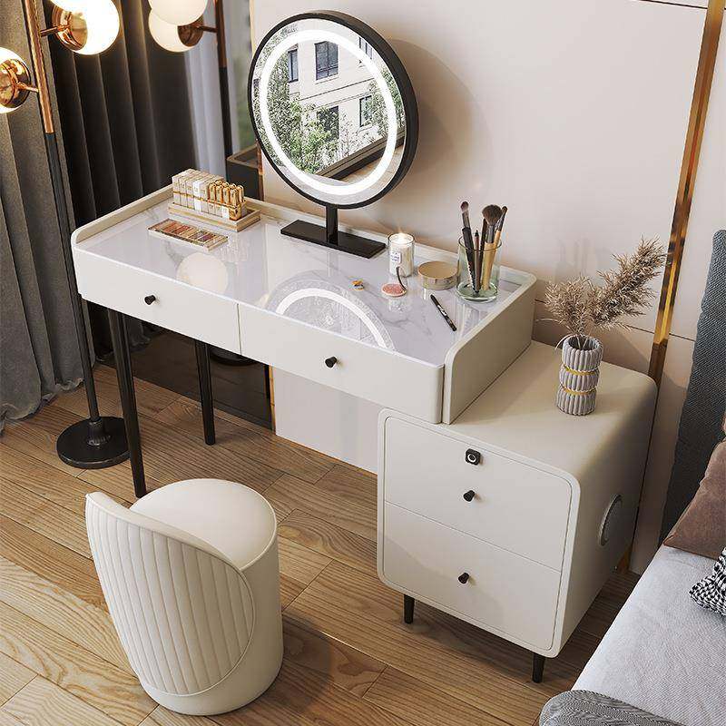 轻奢岩板实木梳妆台卧室简约现代高级感LED妆镜收纳柜一体化妆桌