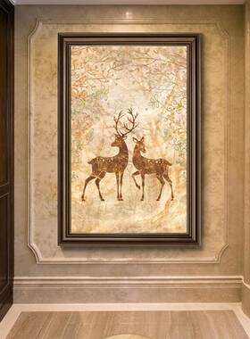 玄关装饰画欧式风格麋鹿小尺寸竖版走廊挂画过道壁画美式客厅油画