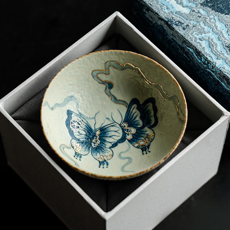 青花火石红宽口杯普洱茶杯描金纯手绘蝴蝶茶碗喝茶杯个人专用