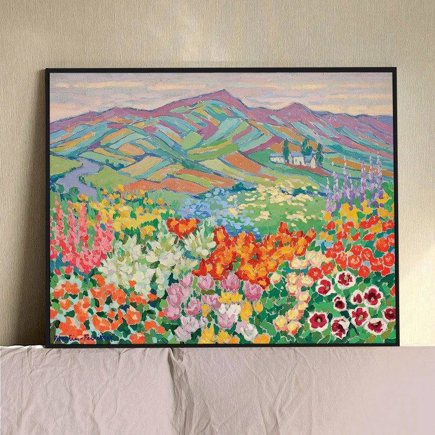 中古彩色山脉多巴胺欧式小众小清新客厅玄关饰画卧室壁画花卉挂画