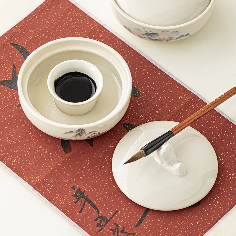 陶瓷不干墨池多功能火锅墨砚台带盖烟灰缸磨盘文房四宝书法用品墨