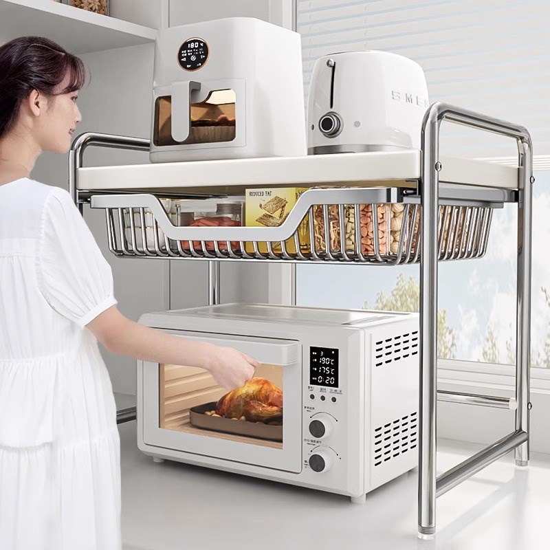 新款高端多功能微波炉置物架双层带抽屉加粗加厚烤箱一体置物架子