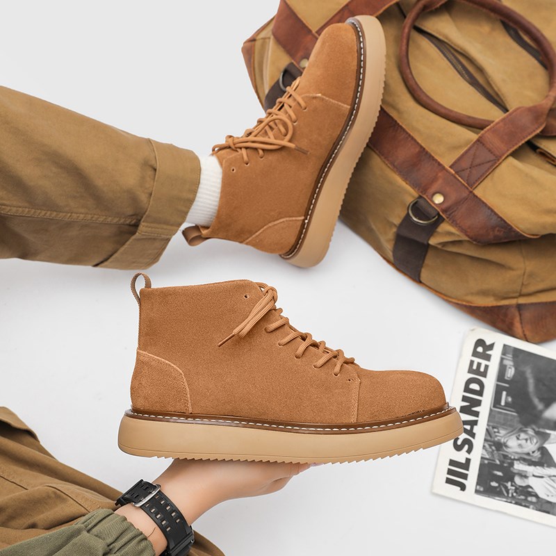 马丁靴男靴英伦厚底反绒牛皮磨砂真皮男士圆头Q休闲系带增高工装