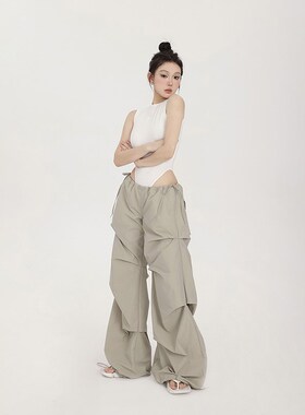 PEMPL 休闲裤女夏季新款纸片感阔腿工装裤薄绿色宽松直筒显瘦长裤