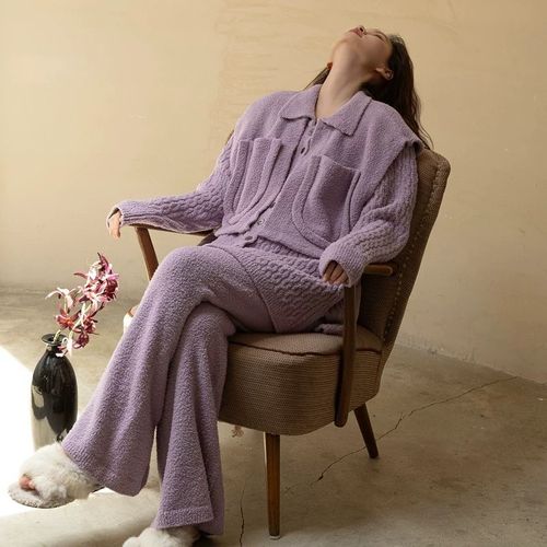 秋冬新款三件套睡衣女半边绒紫色加厚加绒珊瑚绒可外穿软绵绵套装