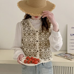 彩格钩花显瘦无袖 设计感镂空背心开衫 针织马甲背心女 新款 2024春装