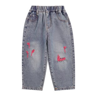春秋款 女宝宝弹力裤 2024新款 春季 子 破洞宽松浅色老爹裤 女童牛仔裤