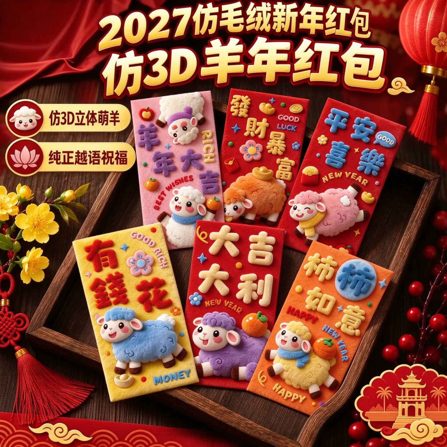 2027羊年3D仿刺绣毛绒利是封