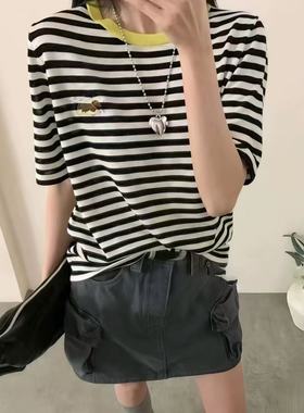 《静姐专注大码》2025上新时尚新款圆领套头条纹T恤xyz25366