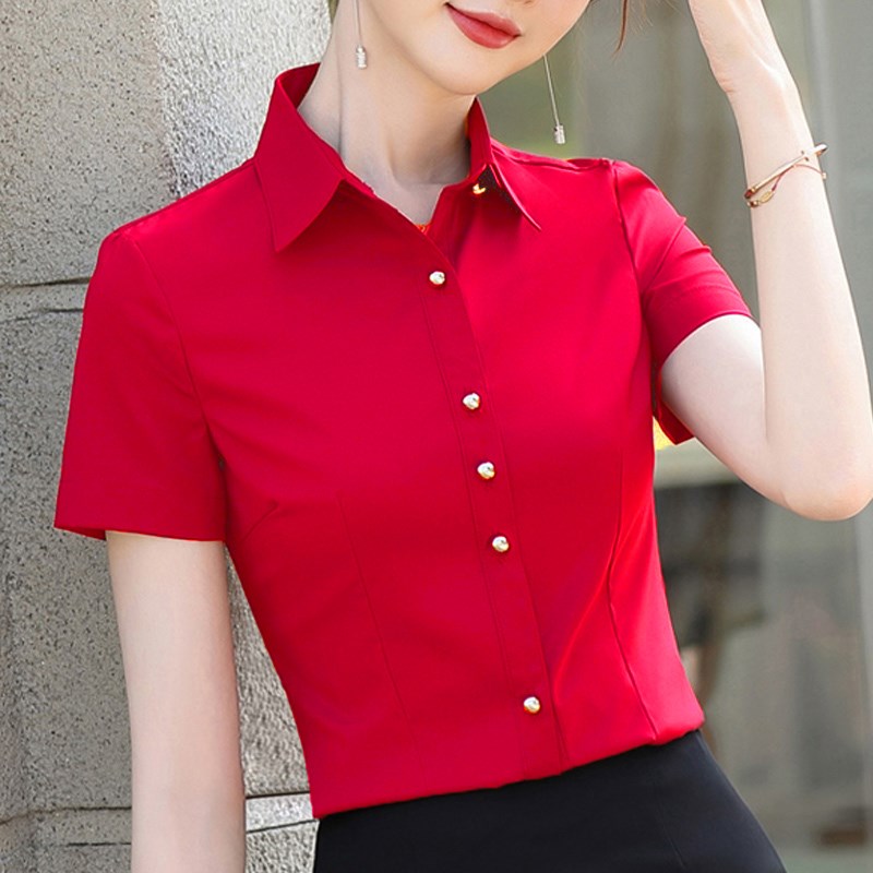 红色衬衫女短袖2025夏季新款职业修身上衣百搭洋气正装收腰OL衬衣