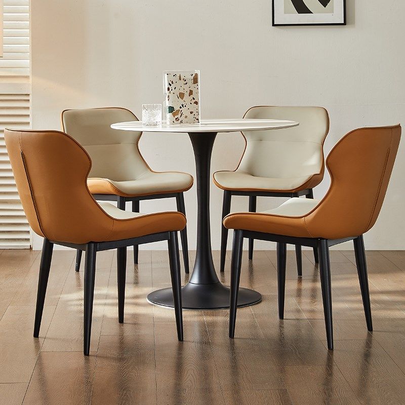 洞石岩板圆桌家用圆餐桌小户型中古风圆形饭桌郁金香洽谈桌椅组合