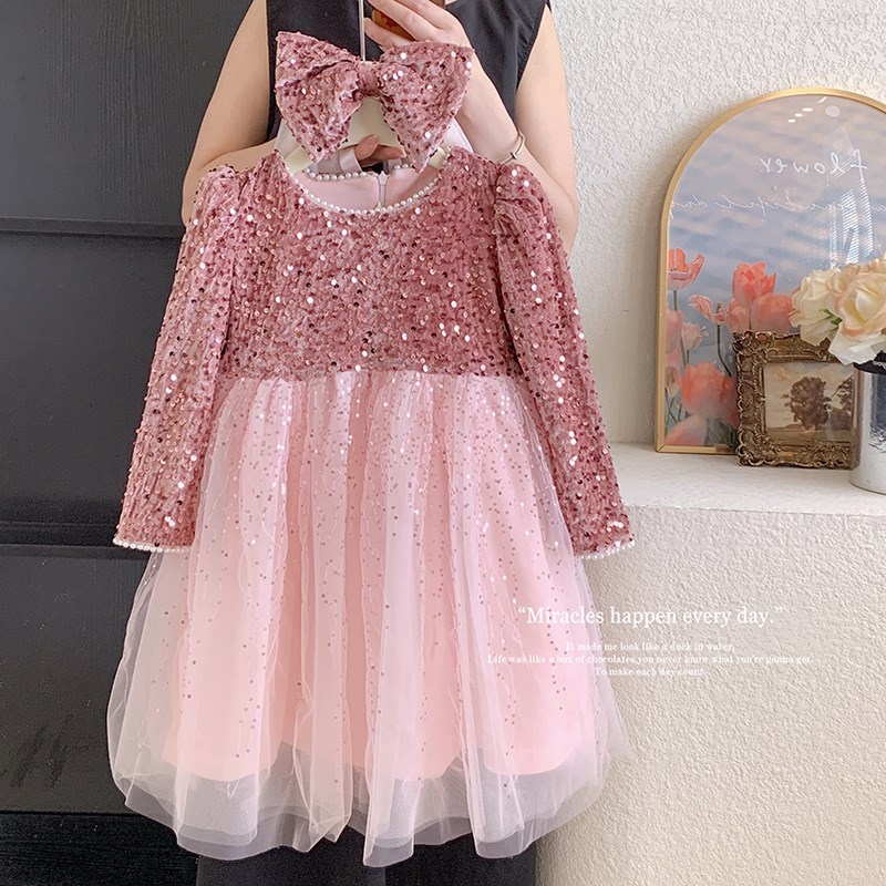 女童连衣裙秋冬2024新款加绒生日公主裙洋气小女孩高级感亮片裙子