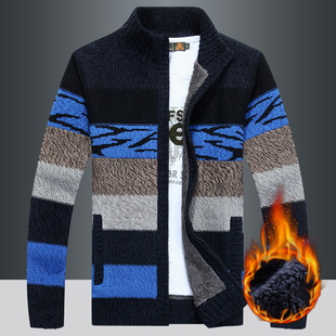 长袖 男士 开衫 加绒加厚保暖条纹立领针织衫 外穿毛线衣 毛衣外套冬季