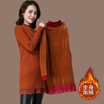 加绒加厚秋冬毛衣女中长款半高领2024新款蕾丝套头修身针织打底衫