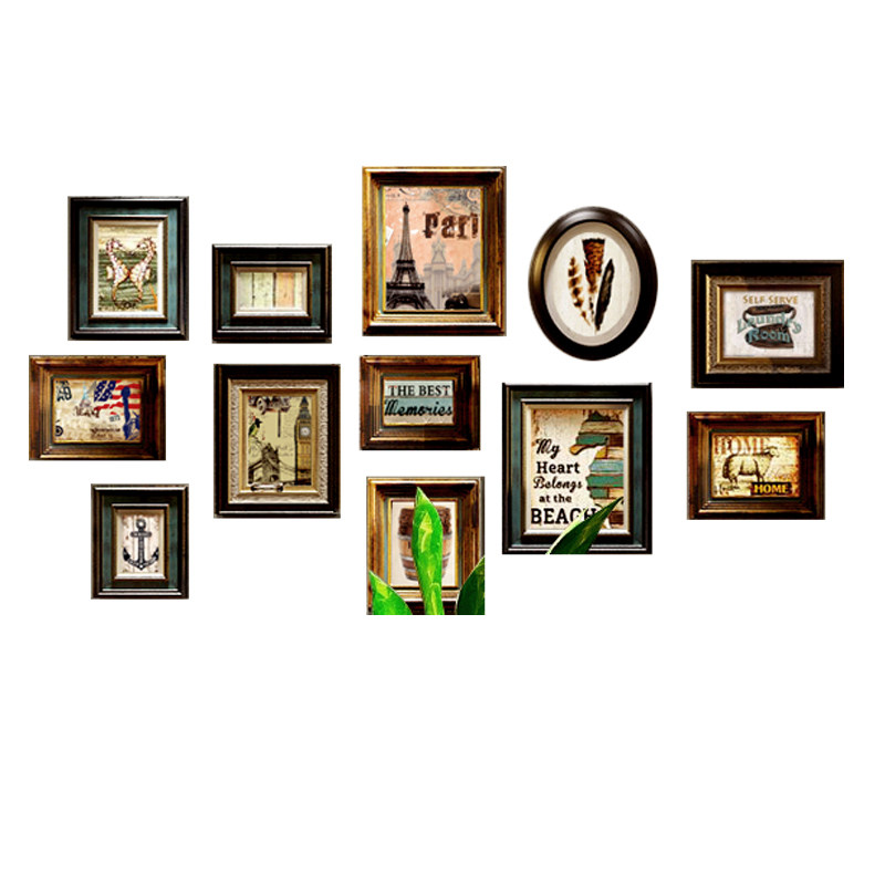 美式做旧实木复古照片墙轻奢免打孔组合相框墙客厅餐厅复古背景墙