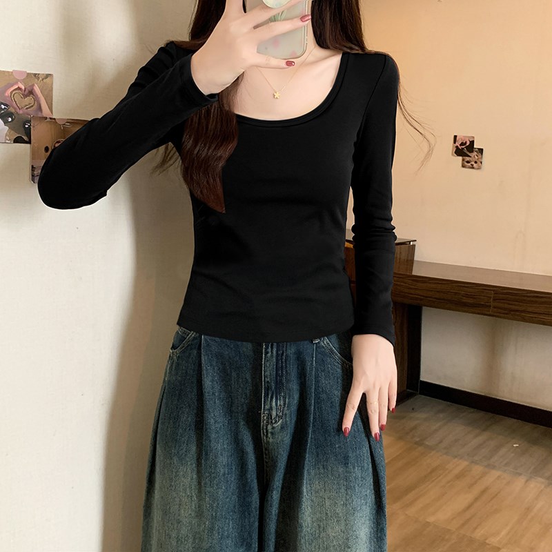 黑色低u领加绒德绒打底衫女2024新款秋冬洋气内搭大圆领修身长袖