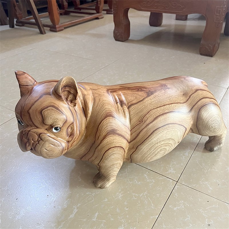 小叶香樟木宠物坐骑凳法国斗牛犬侘寂风木雕空间装饰摆件雕塑矮凳