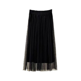 高腰加绒百褶气质小个子 黑色纱中长款 a字半身裙女夏季 春2022新款