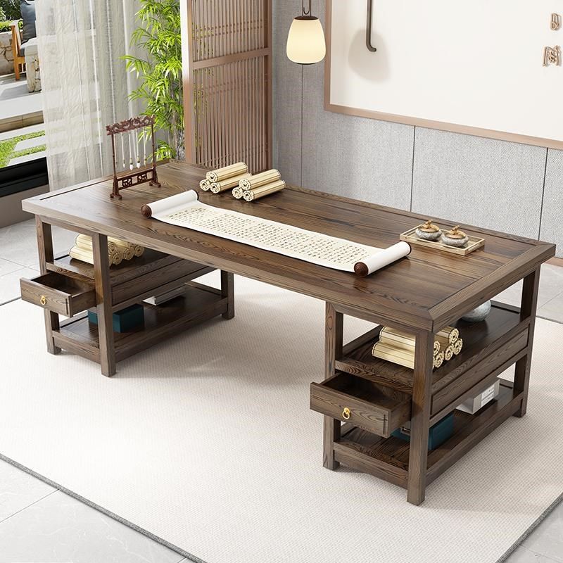 新中式简约实木办公桌家用书房小书桌组合仿古榆木大班台老板桌椅