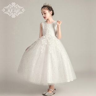 2020年新款 网纱蓬蓬长裙夏 女童礼服连衣裙白色蕾丝公主婚纱裙长款
