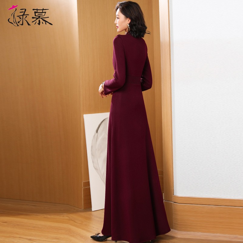 酒红色加绒加厚连衣裙修身长款2021冬季新款气质高端长裙到脚踝