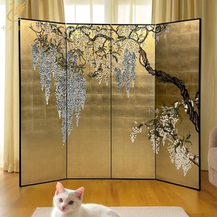 法式中国风手绘紫藤花漆画金箔屏风中古风高端茶室客厅沙发背景画