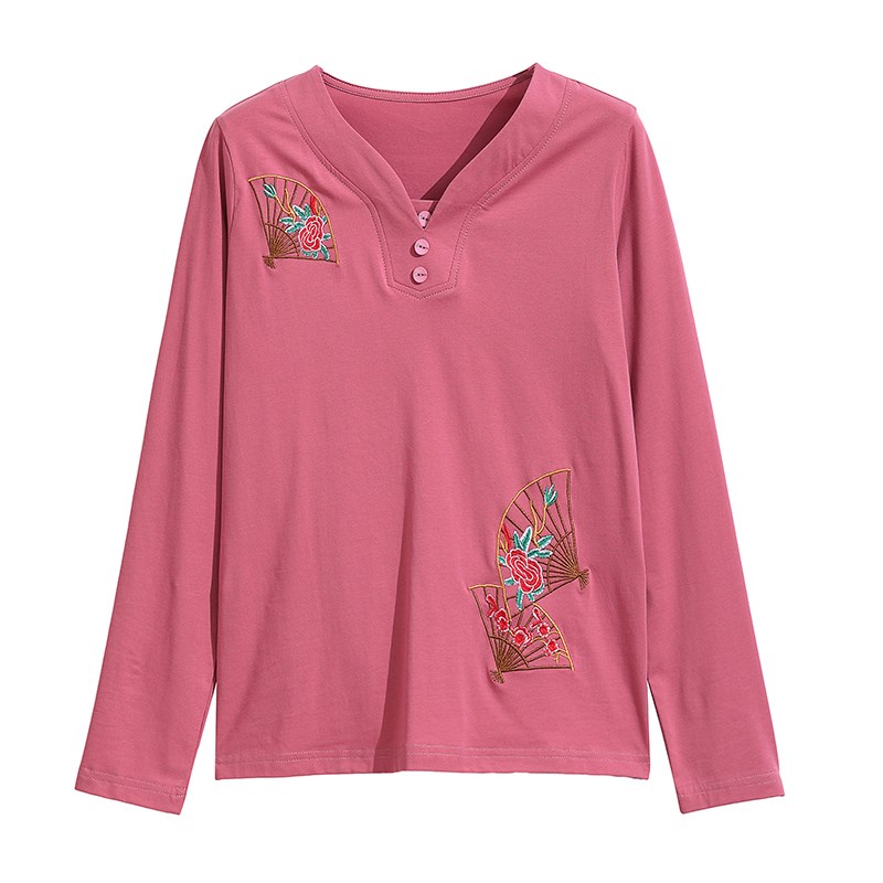 纯棉长袖t恤女宽松2024春装新款百搭V领上衣中老年妈妈休闲打底衫