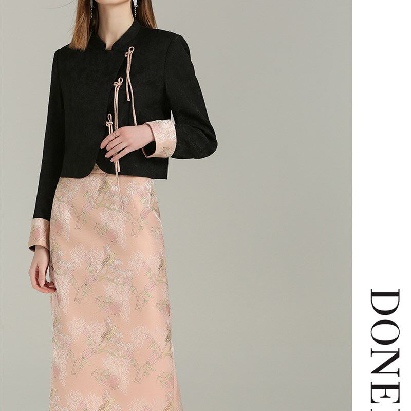 DONEED春款优雅新中式国风绣花外套半身裙两件套撞色提花套装女
