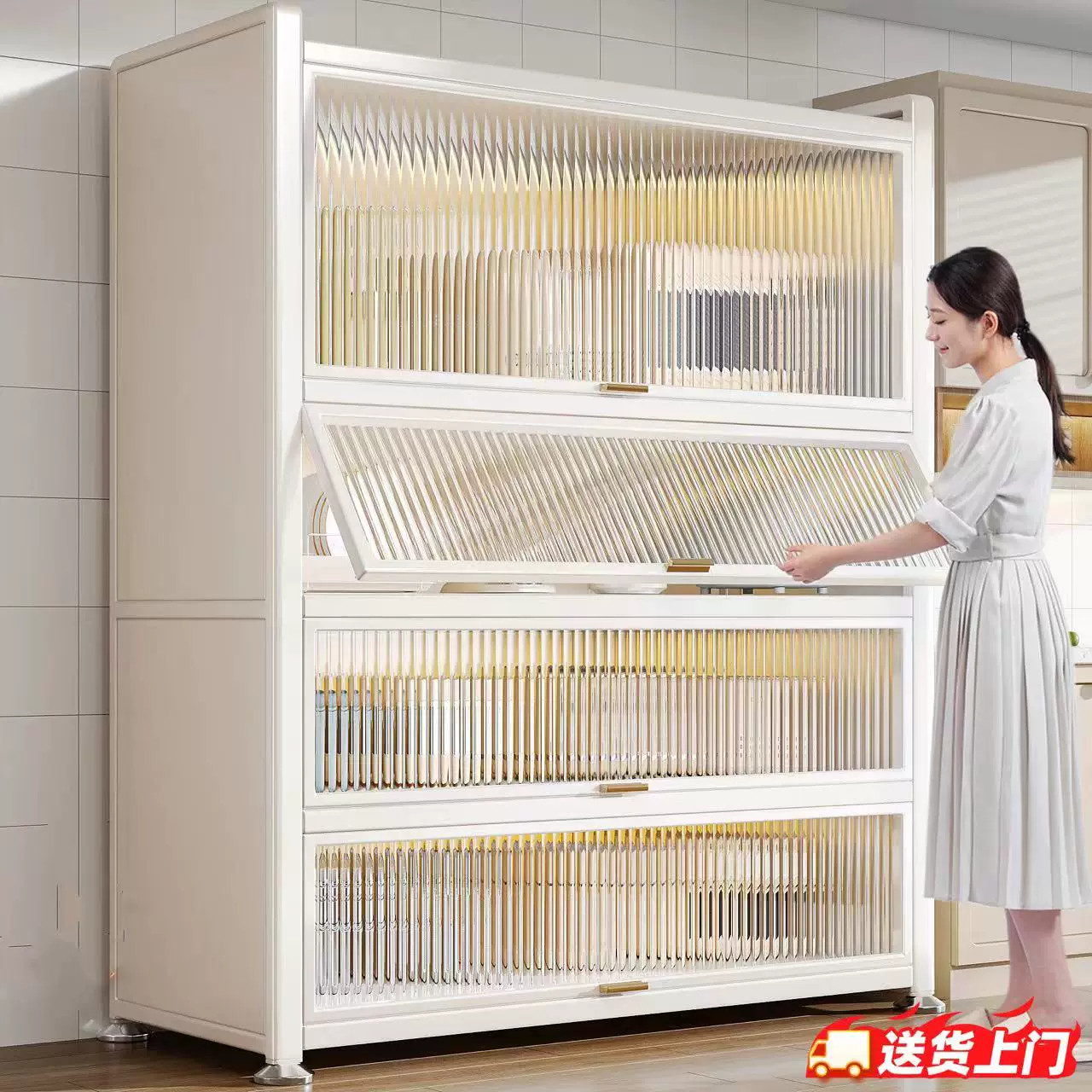厨房置物架上翻门碳钢微波炉收纳柜家用落地多层储物架子带门碗柜