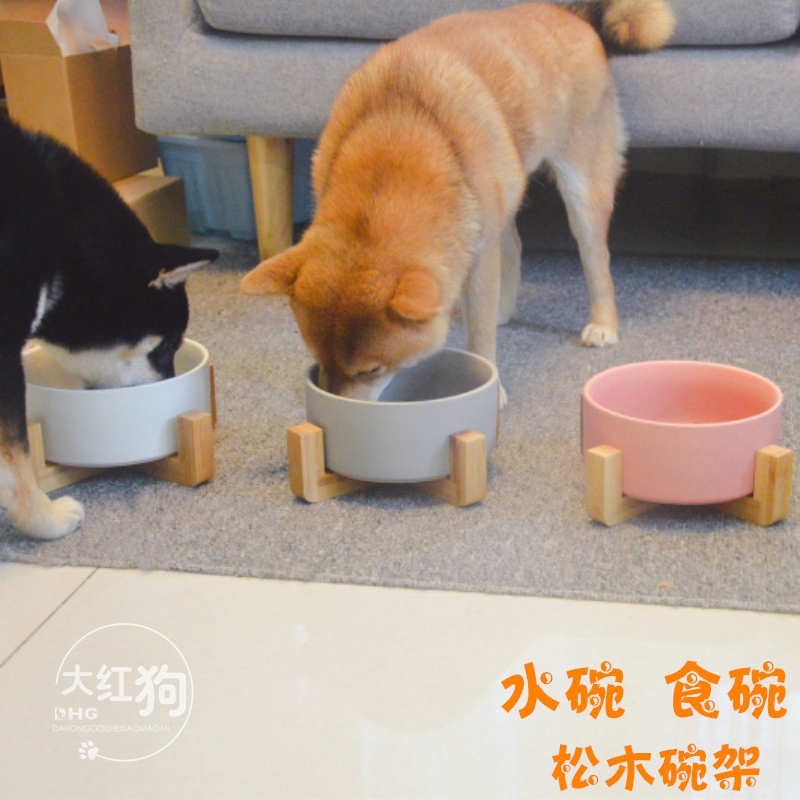 猫碗水碗松木碗架狗狗食盆柴犬狗碗陶瓷碗宠物餐桌猫用品单碗双碗