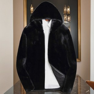 冬季男款仿皮草外套水貂皮大衣修身连帽立翻领休闲加厚整貂绒新款