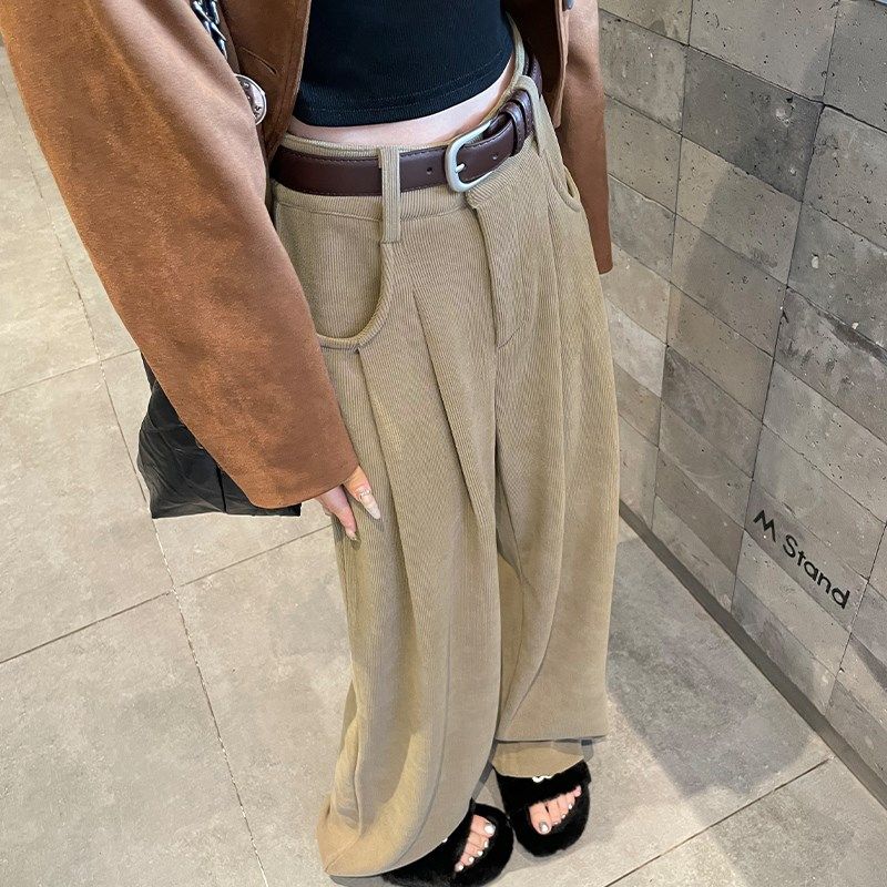 白色裤子女秋冬季2023新款针织加绒雪尼尔阔腿裤灯芯绒休闲西装裤