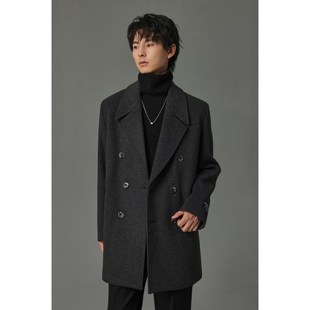 w2x秋冬季780g重磅短款羊毛呢大衣男垫肩时尚设计感妮子风衣外套