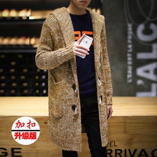 青年宽松连帽针织衫中长款酒红色粗毛线衣外套加厚开衫毛衣男大码