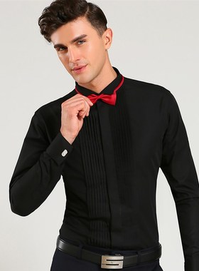 新郎燕子领结白色衬衣礼服衬衫男长袖晚宴会司仪衬衫演出主持衬衫