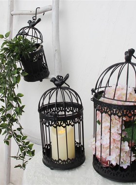 黑色婚庆摆件套三铁艺鸟笼多肉花盆可放花盆可挂挂式烛台饰品装饰