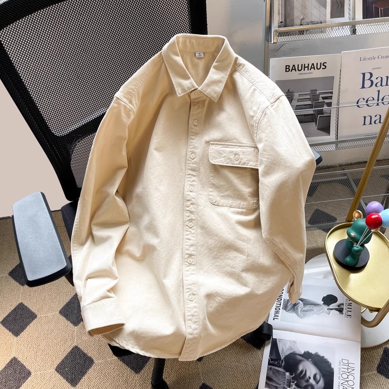 冬季加厚重磅工装衬衫男装高级感休闲宽松翻领外套长袖加绒衬衣bf
