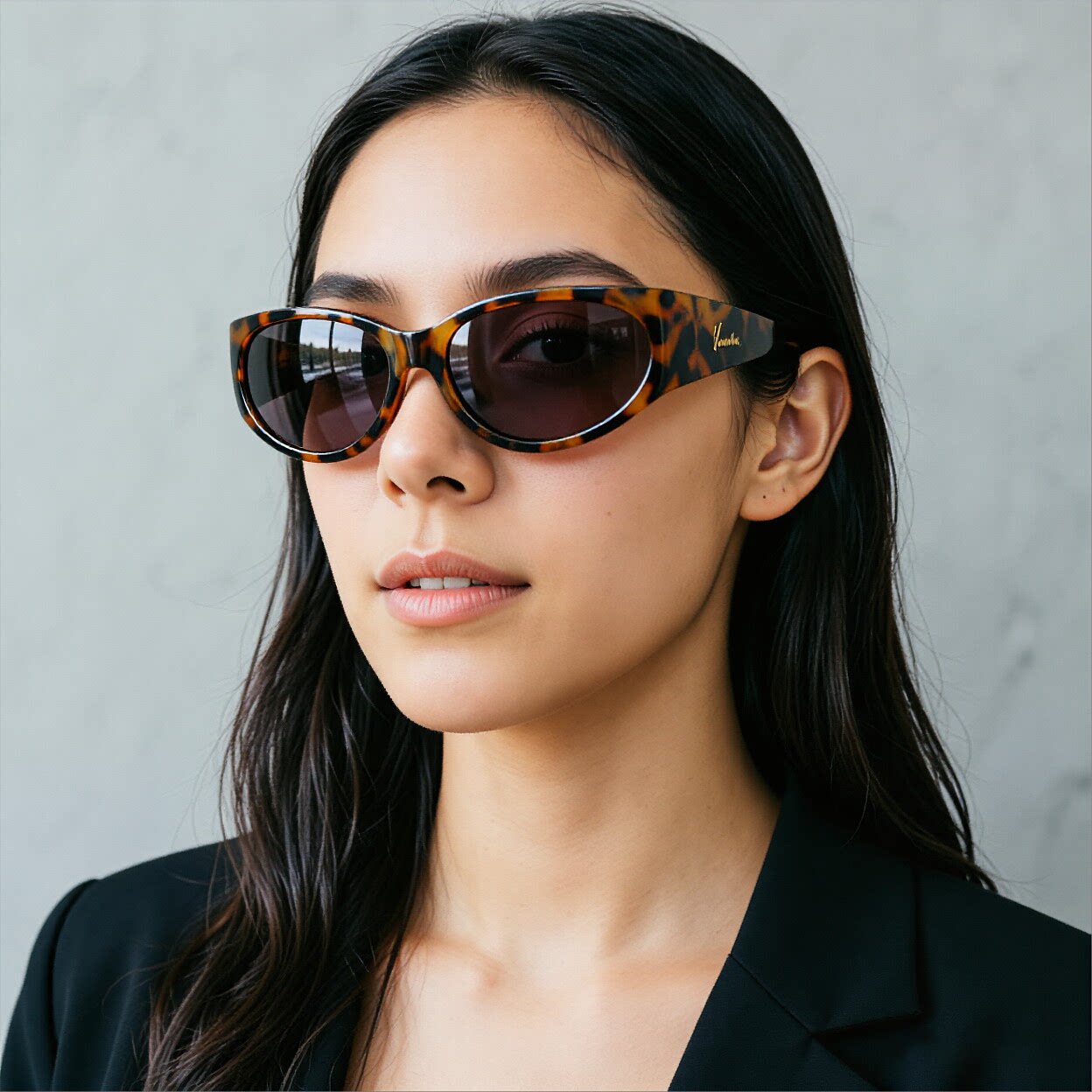 玳瑁女士偏光太阳镜欧美复古墨镜男女通用时尚黑色防晒眼镜椭圆