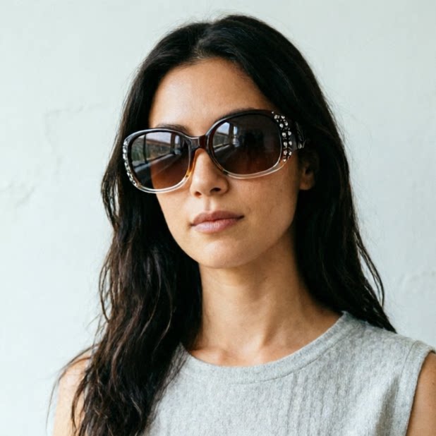 女士偏光镜圆形墨镜渐变茶色绿红太阳镜圆脸镶钻优雅气质女中年