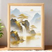 山水画靠山招财流水生财金山摆件桌面金色装 饰画迷你招财进宝