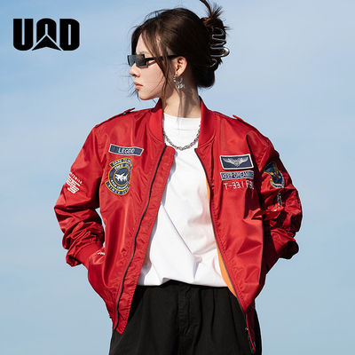 UOD明星同款红色美式复古刺绣棒球服外套男款春秋季大码飞行夹克