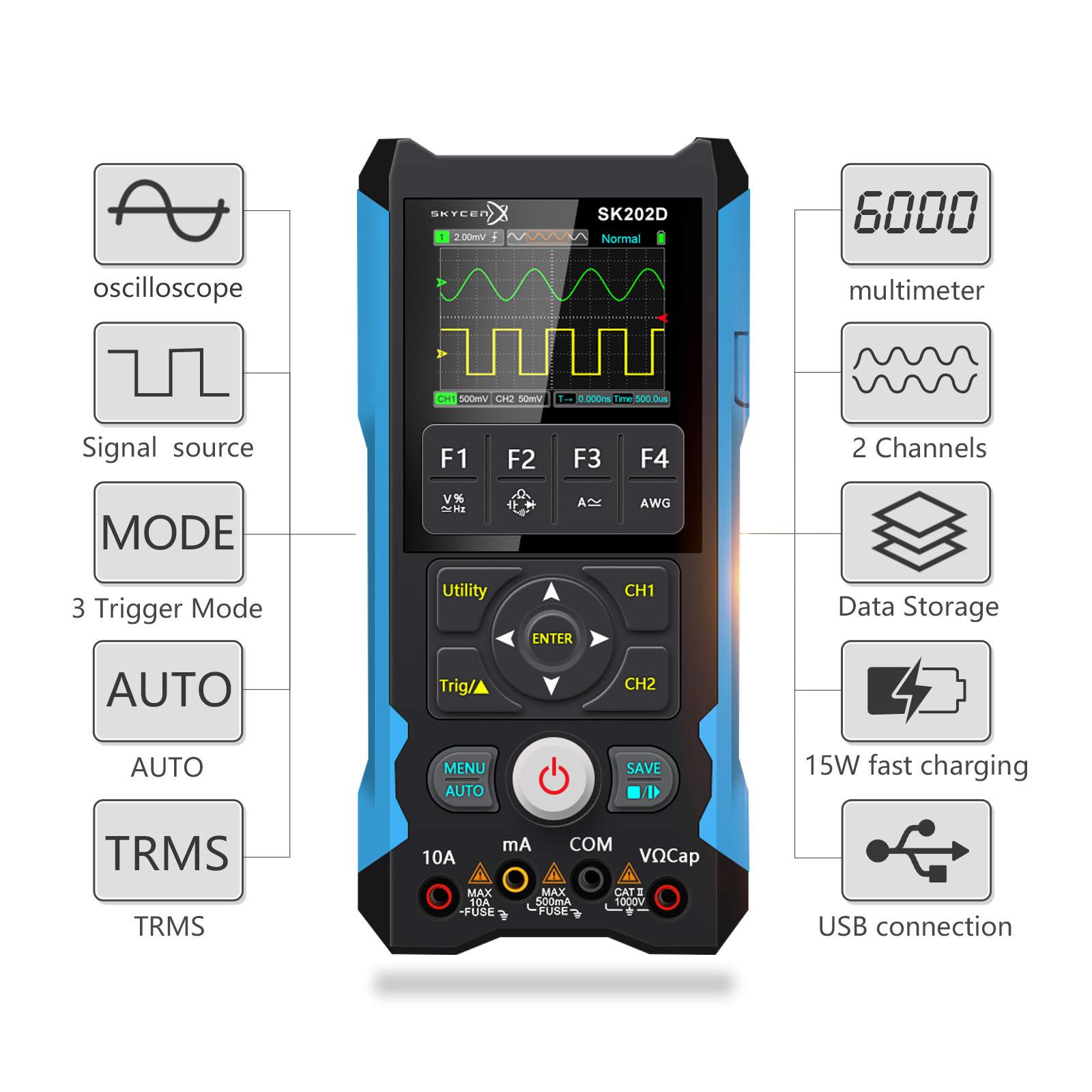 SK202D手持双通道数字示波器250MS采样率80M带宽万用表