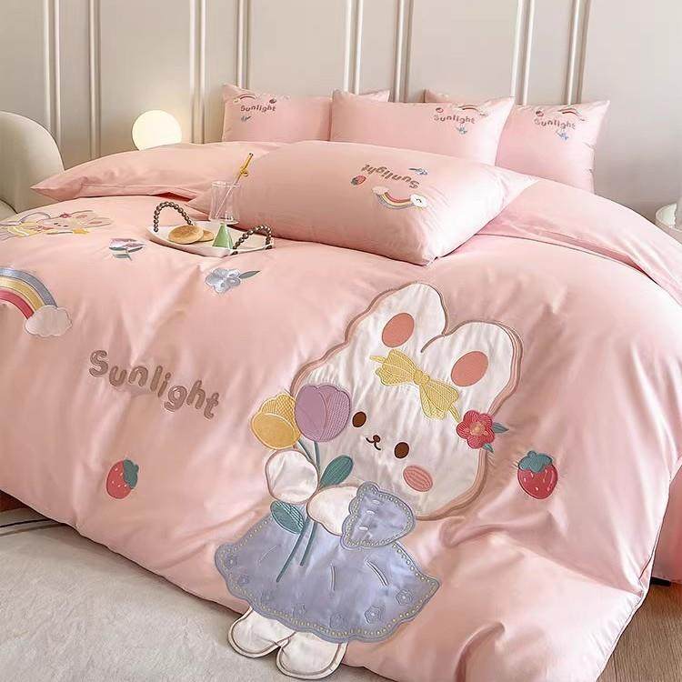 卡通少女心四季款长绒棉全棉四件套可爱小兔刺绣纯棉被套床上用品