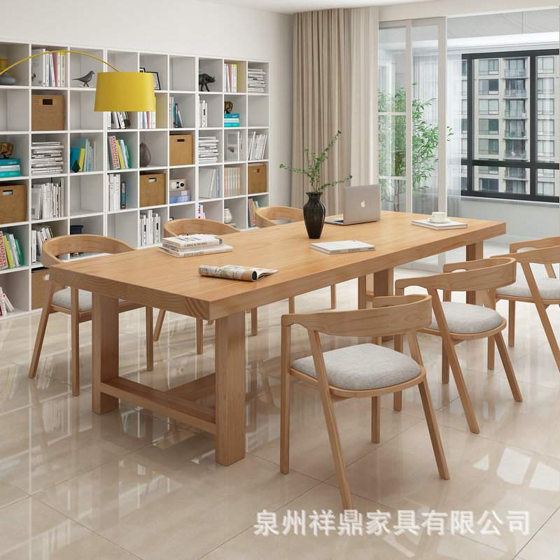 北欧实木大书桌家用书房学习桌客厅原木办公桌图书馆大板长桌子