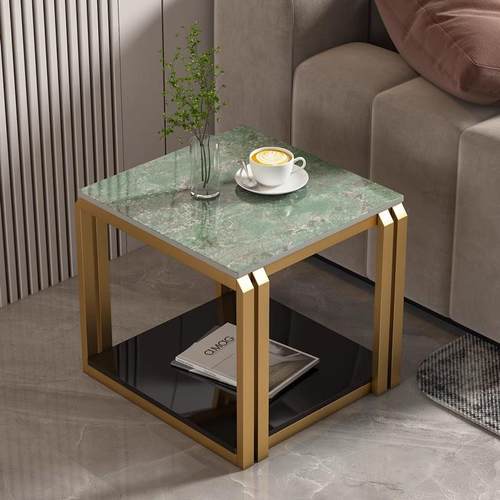 轻奢钛金边几客厅家用茶几沙发岩板钢化玻璃双层简约现代极简桌子