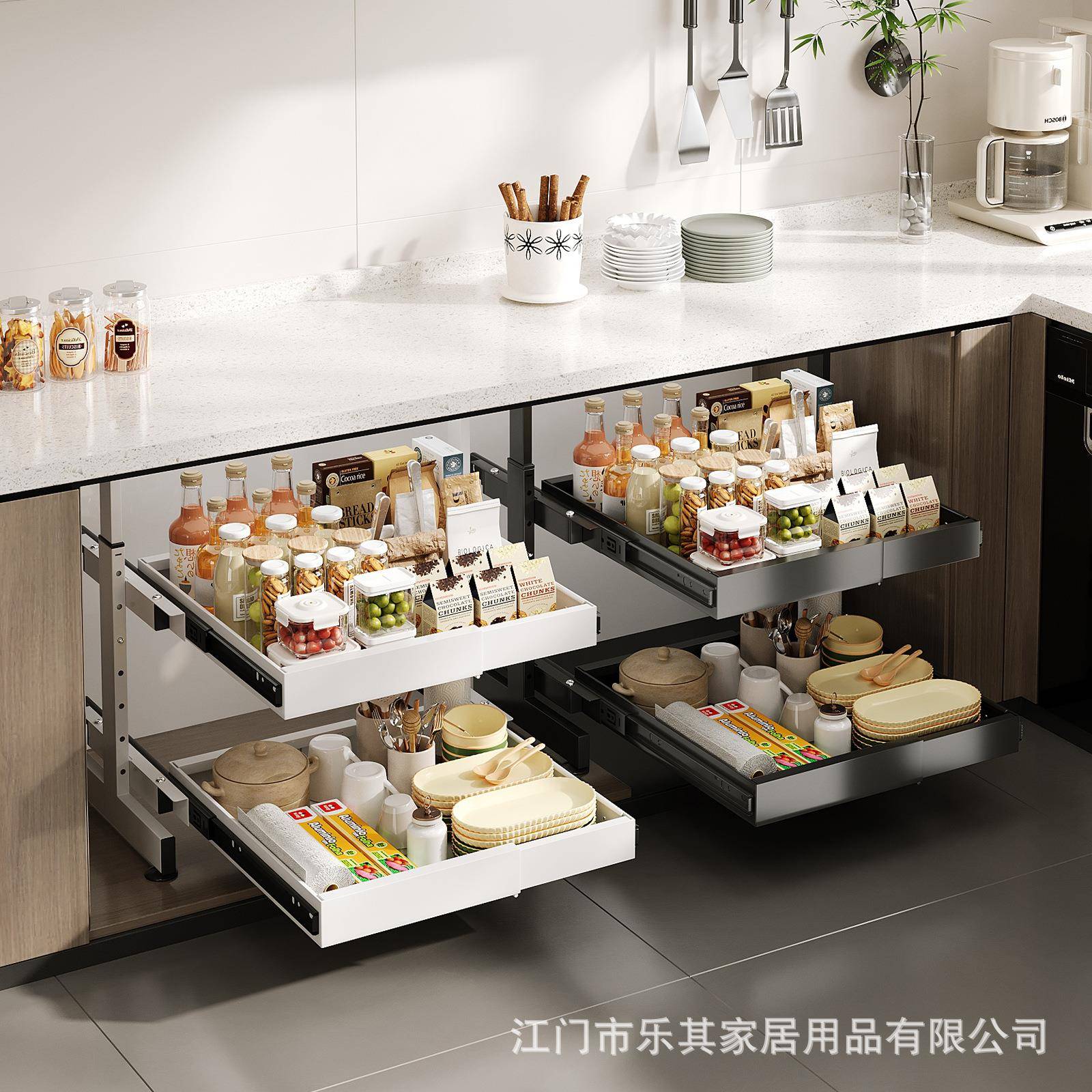 厨房橱柜下碗碟收纳置物架内置抽屉碗架分层抽拉式免打孔伸缩拉篮