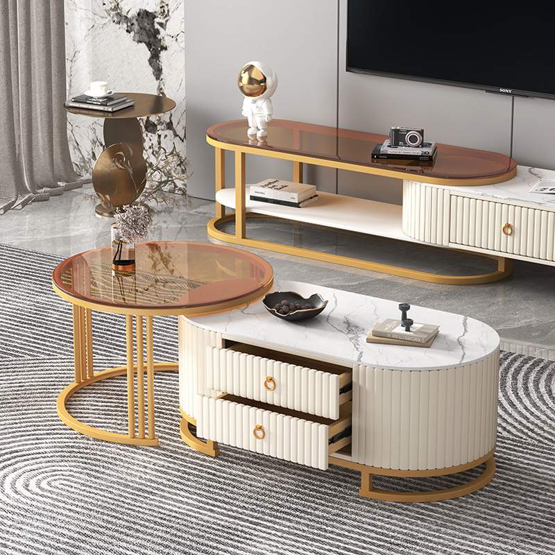 岩板茶几客厅意式小户型简约家用电视柜组合可伸缩多功能玻璃圆几