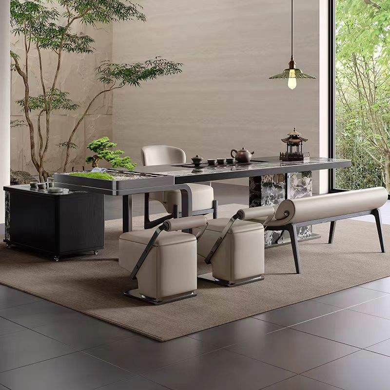 新中式实木岩板茶桌意式极简功夫喝茶桌办公室家用茶台客厅泡茶桌