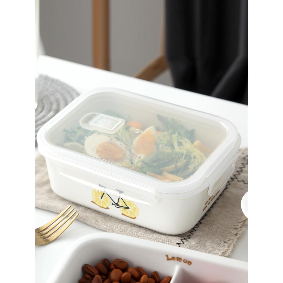 长方形陶瓷碗带盖单格饭盒水果盒保鲜盒微波炉加热上班族便当盒瓷